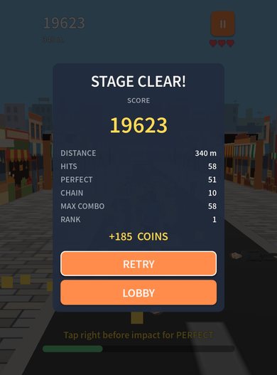Stage clear screen showing score, distance, hits and rank